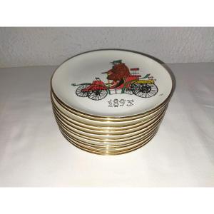 Charmoz Jacques Set Of 12 Porcelain Dessert Plates With Automotive Decor