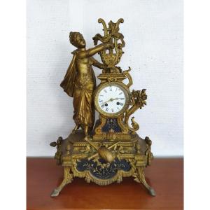 Mantel Clock, Gilded Spelter Clock, Shoe Feet, "musician With Lyre" 19th Century