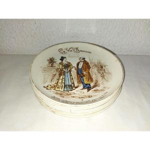Creil Montereau Set Of 8 Antique Earthenware Plates Captioned "the Funny Life"