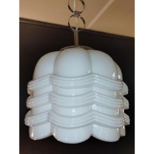 Vintage Opaline And Chrome Metal Pendant Light Designer Chandelier