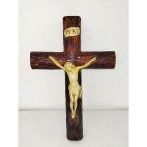 Inri Christ And His Cross In Glazed Earthenware. Religious Liturgical Object Collection