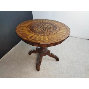 Quadripod Winemaker's Table With Tilting Top In Polychrome Marquetry, Italy, 19th Century