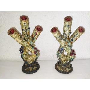 3-armed Barbotine Flower Vases With High Relief Floral Decor In Bright Colors Collection