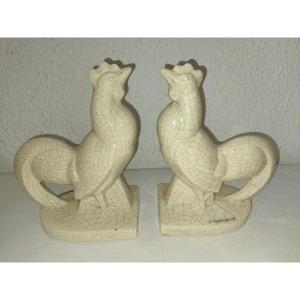 Fontinelle Art Deco Pair Of Cracked Earthenware Bookends "coq"