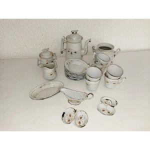 Dinette Antique Enamelled Children's Toy 26 Elements Sugar Bowl Teapot Sauce Boat...