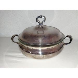 Christofle Round Vegetable Dish Silver Metal And Its Pyrex Glasbake XX Dish Tableware 