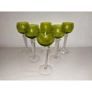 Saint Louis 6 Olive Green Engraved Crystal Stemmed Glasses Collection 