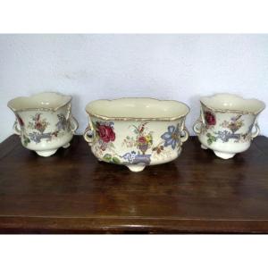 Planter & 2 Planter Pots Earthenware Floral Motifs Late 19th Century