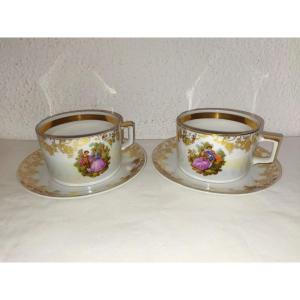 2 Cups And Saucers German Iridescent Porcelain Gilding & Romantic Scenes Germany 