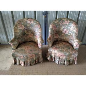 Antique Toad Armchairs Floral Fabric Spring And Strap Seat Napoleon III
