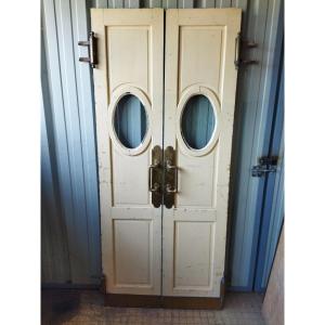 2 Hinged Doors Porthole Antique Solid Wood Brass Handles Branch Banque De France 