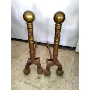 Imposing Pair Of Cast Iron And Brass Andirons Fireplace Accessories Chateau Mansion