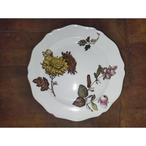 Chrysantemum Plate Antique On Pedestal In Earthenware Floral Decoration Autumn Colors