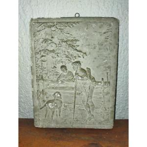 Bas Relief Small Old Plaster Country Scene Hunter & His Dog