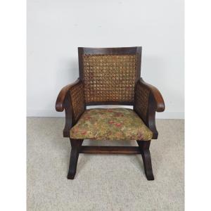 Antique Armchair Solid Wood Cane And Fabric 