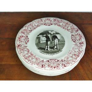 Gien Set Of 7 Antique Pink Dessert Plates Captioned "proverbs And Soldiers" 19th Century