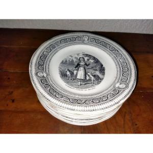 Creil & Montereau Series Of 11 Antique Earthenware Plates Captioned "sainte Germaine" 19th Century