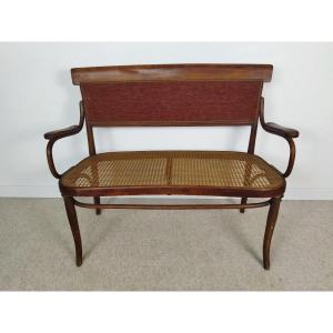Thonet Wooden And Cane Bench With Bordeaux Fabric Backrest