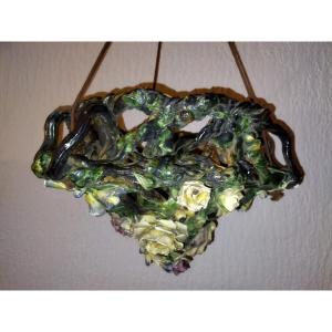Antique Barbotine Porcelain With Floral And Branch Motifs In High Relief, Openwork Chandelier