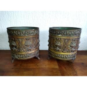 Pair Of Antique Tripod Planters In Repoussé Brass With Floral Decoration, Napoleon III Era.