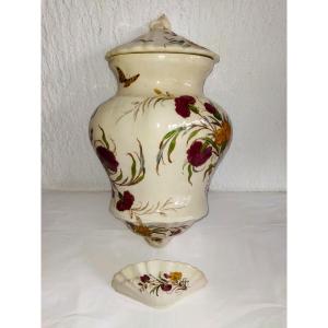 Antique Glazed Ceramic Fountain Painted With A Carnation And Butterfly Decoration, 19th Century 