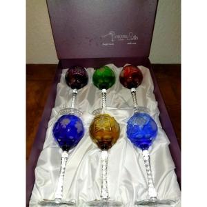 Cristal De Lorraine 6 Colored Cut Crystal Stemmed Glasses, New Condition 