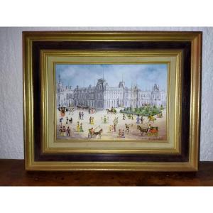 Claude Tabet Oil On Canvas Animated Contemporary Naïve Painting "the Courtyard Of The Louvre"