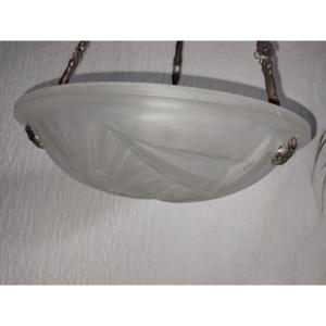 Art Deco Suspension Light With Pressed Molded Glass Basin, Stylized Decoration, Signed Elf 