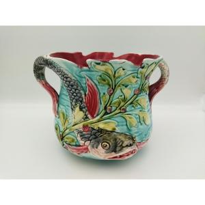 Antique Earthenware Cachepot Decorated With Fish And Marine Flora 