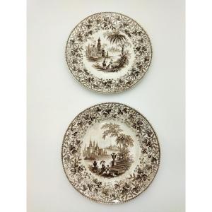 David Johnston 2 Antique Earthenware Plates, Romantic Decor, Gallant Scenes, 19th Century, Collection