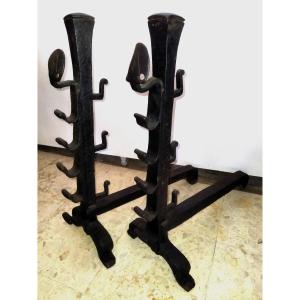 Antique Wrought Iron Fire Dogs, Fireplace Ornaments, Castle, 17th-century Manor House
