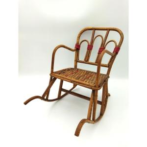 Vintage Doll Rocking Chair In Wood & Woven Rattan - Collectible