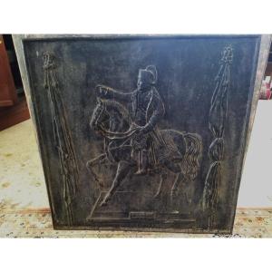 Corneau Freres Antique Cast Iron Fireplace Plaque Of Napoleon I On His Horse, 19th Century