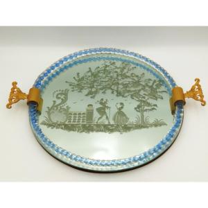 Vintage Murano Glass Mirror Tray Engraved With Gallant Scenes From The 18th Century.
