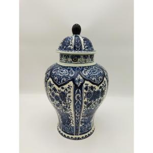 Delft Boch Holland Large Covered Pot Cobalt Blue Floral Pattern 35cms