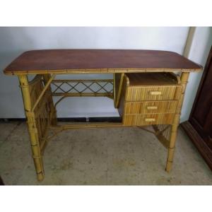 Audoux Minet Vintage Rattan Desk, 1960s Design