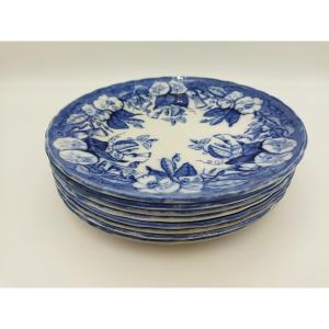 Bordeaux Vieillard Johnston Set Of 8 Blue Camaïeu Faience Plates 1860/1880 