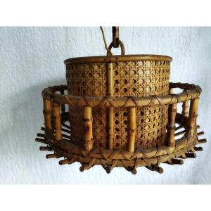 Vintage Wood, Bamboo And Rattan Chandelier By Sognot Audoux-minet 