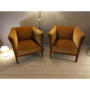 Art Deco Pair Of Armchairs Solid Wood And Gold-tone Fabric