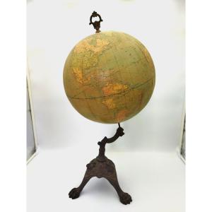 Antique Paper Mache Globe With Cast Iron Base, 65cm, Girard & Boitte, 19th Century