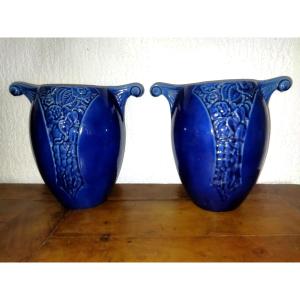Art Deco Pair Of Blue Enameled Cast Iron Vases/pots 