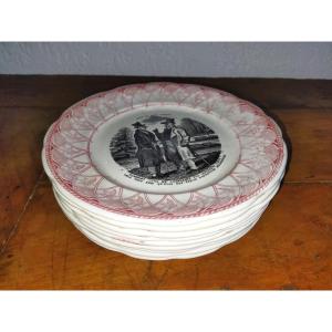 Digoin Sarreguemines Set Of 9 Antique Inscribed Plates "siege Of Paris Comique" 19th Century