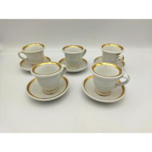 Set Of 5 Burner Cups And Saucers In Enamelled Porcelain With Gilding, 19th Century