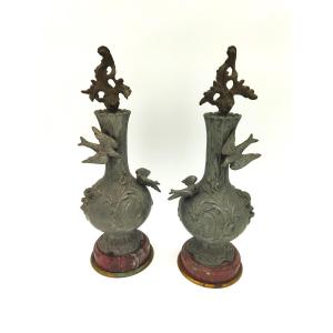 Art Nouveau Pair Of Pewter/spelter Vases Decorated With Doves And Flowers