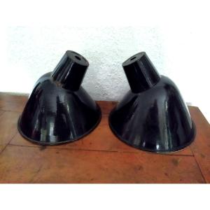 Vintage Industrial Reflectors, Black And White Enamelled Sheet Metal Industrial Lighting