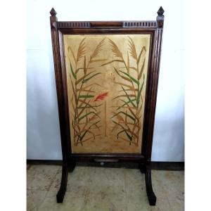 Antique Fireplace Screen, Embroidered Fabric, Pink Flamingo Decor, 19th Century