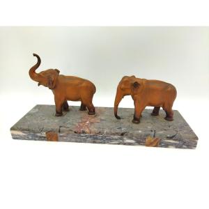Pair Of Elephants In Gilded Spelter On Marble Bases