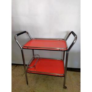 Vintage Chrome Tubular Serving Cart With Wheels And Removable Formica Top