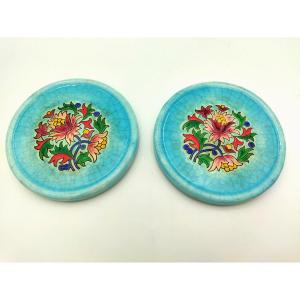 Longwy Pair Of Cloisonné Floral Decor Bottle Coasters Tableware