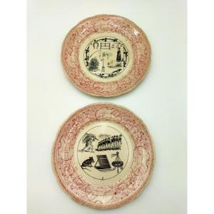 Sarreguemines 2 Antique Rebus Plates, Old Rose Earthenware, Sphinx Decoration, 19th Century Collection